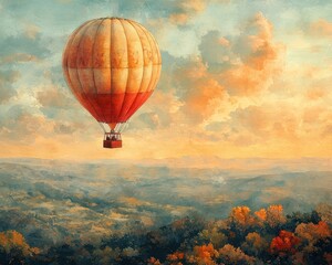 Fototapeta premium A breathtaking hot air balloon floats above vibrant autumn landscapes under a colorful sky, capturing serene adventure and beauty.