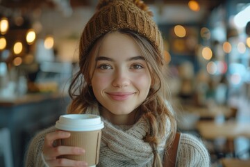 Cheerful young woman warmly smiles while holding a cup of coffee in a cozy café. The warm lighting and friendly atmosphere create a welcoming and relaxed environment