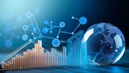 Visual representation of global growth with graphs, data connections, and a world globe, reflecting modern business analytics.
