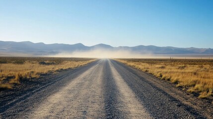 A gravel road in the middle of a wide-open desert, with tumbleweeds blowing across the path.