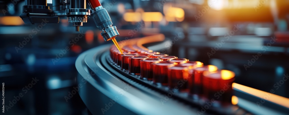 Poster a close-up of a robotic machine filling red bottles on a modern production line, showcasing advanced