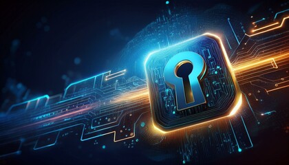 A digital lock symbol representing cybersecurity, innovation, and data protection in a futuristic design with vibrant colors.