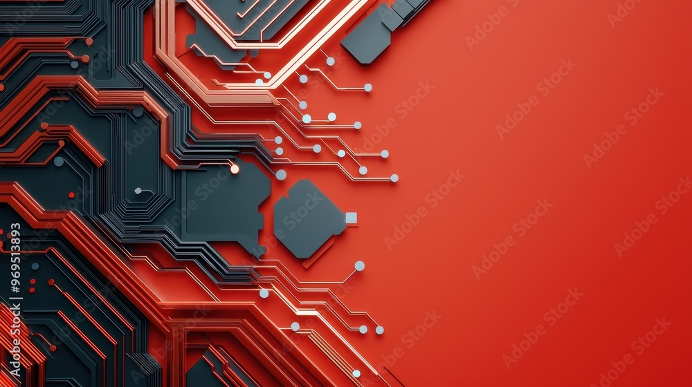 Poster a close-up view of a circuit board with red and black colors, showcasing intricate details and moder