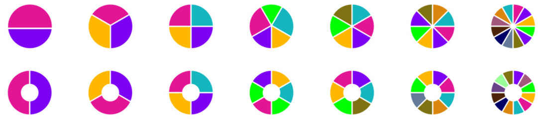 Pie chart infographic set. Circle diagram collection with sections or parts. Segmented circle icons for infographic, data analysis, web design, ui or presentation. Vector illustration.