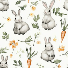 Fototapeta premium Watercolor Pattern of Rabbits and Carrot Flowers Minimalist for a Cute and Playful Garden Look