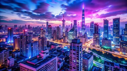 Naklejka premium Vibrant purple and blue neon lights illuminate a misty urban cityscape at dusk, capturing the mesmerizing essence of