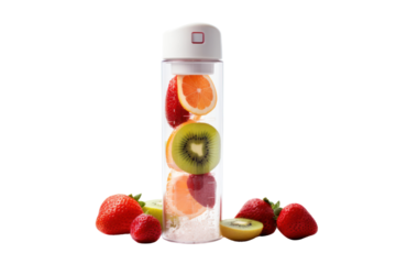 A water bottle with a built-in fruit infuser to add flavor to your water, isolated on a white background.