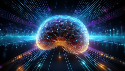 Fototapeta premium A vibrant, futuristic representation of a brain illuminated with colorful lights and dynamic lines, symbolizing advanced technology.