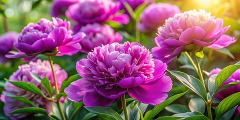 Vibrant purple flowers of the peony plant in full bloom, delicate petals and lush green leaves surrounded by