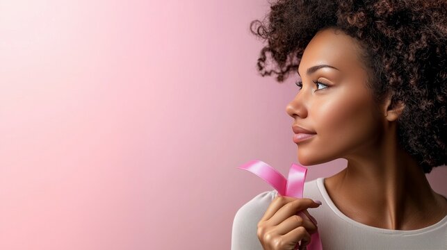 Woman with Pink Ribbon for Breast Cancer Awareness