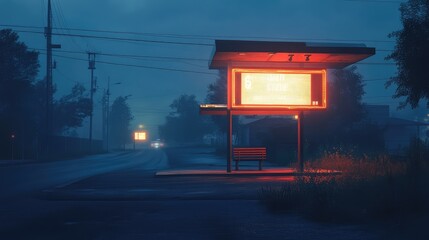 Fototapeta premium Suburban bus stop at dawn with neon billboard brightly lit, the dark street in the background adds to the quiet, otherworldly feeling of the scene