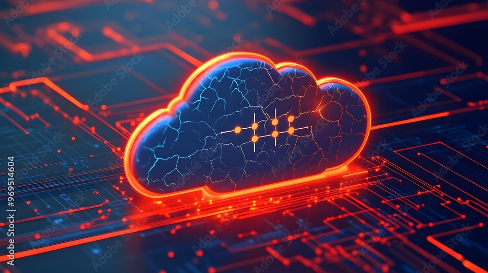 Poster cloud computing symbol on red circuit board