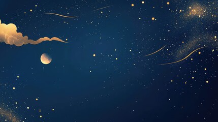 Naklejka premium Elegant blue background with golden sparkles, a small moon, and a gold cloud positioned in the left corner. Simple and sophisticated for a Mid-Autumn Festival poster