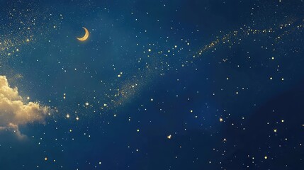 Elegant blue background with golden sparkles scattered across, a small moon, and a gold cloud in the left corner. Clean and simple design for a Mid-Autumn Festival poster