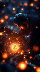 Fototapeta premium A focused worker inspects a glowing machine part, illuminated by sparks, showcasing dedication and craftsmanship in a dark workshop.