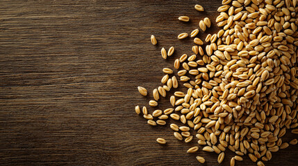 Organic wheat grains scattered on rustic wooden surface create warm and inviting atmosphere, perfect for showcasing natural ingredients