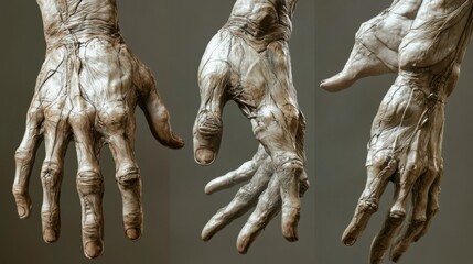 Detailed close-up of a human hand in various positions, showcasing the fine details of skin, veins, and fingers, emphasizing dexterity and movement.