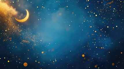 Naklejka premium Minimalistic blue backdrop with golden sparkles scattered throughout, a small moon, and a gold cloud in the left corner. Suitable for a stylish Mid-Autumn Festival poster