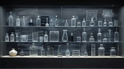 Lab glass beakers next to chalk drawings of chemical bottles on a black chalkboard surface