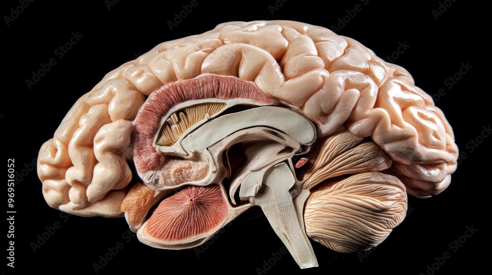 Poster Detailed image of a human brain model with clear anatomical labeling, showcasing the various regions and their functions.