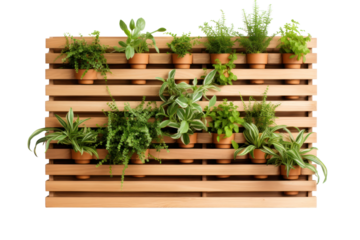 A wall-mounted wooden slat planter with a space-saving design, perfect for small apartments or studios, isolated on a white background.
