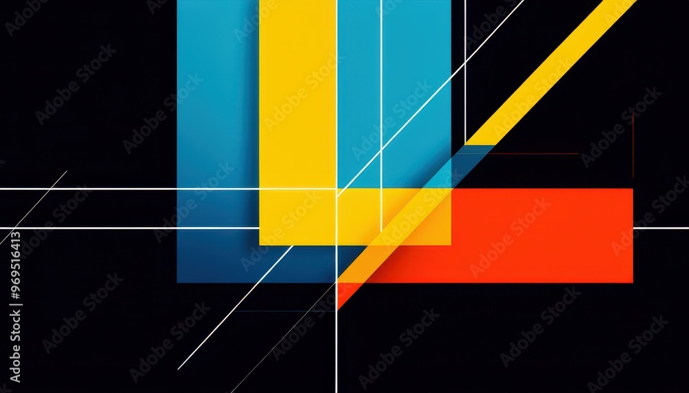 Aufkleber abstract geometric composition featuring vibrant colors and intersecting lines on a dark background.