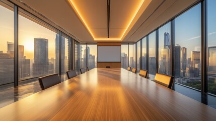 A sleek conference room features a large wooden table surrounded by chairs, with breathtaking city views at sunset through floor-to-ceiling windows