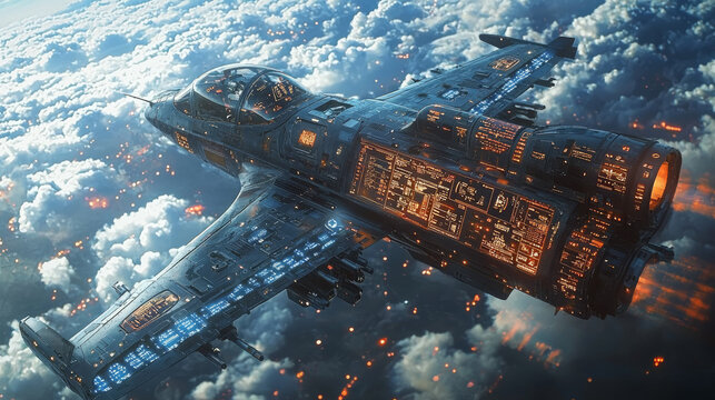 A futuristic fighter jet soars through the clouds, its glowing digital displays illuminating the dark cockpit.