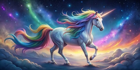 Fototapeta premium Vibrant, whimsical illustration of a mythical unicorn with a shimmering rainbow mane and tail, set against a soft,