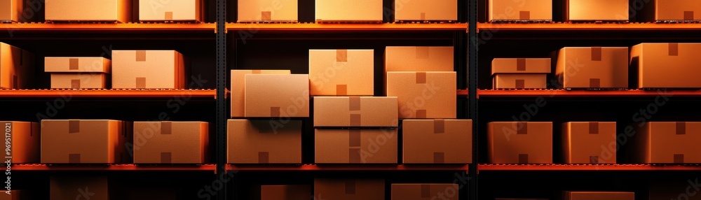Poster a neatly organized warehouse shelf filled with cardboard boxes, showcasing an efficient storage solu