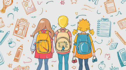 Fototapeta premium colorful illustration of children with backpacks, surrounded by school supplies, symbolizing friendship and the joy of learning.
