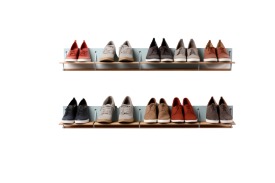 A wall-mounted shoe rack with a floating appearance, creating a visually airy and clutter-free storage solution. ,Isolated on white background