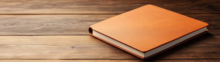 Fototapeta premium Stylish orange notebook placed on a wooden table, perfect for writing, journaling, or creative brainstorming.