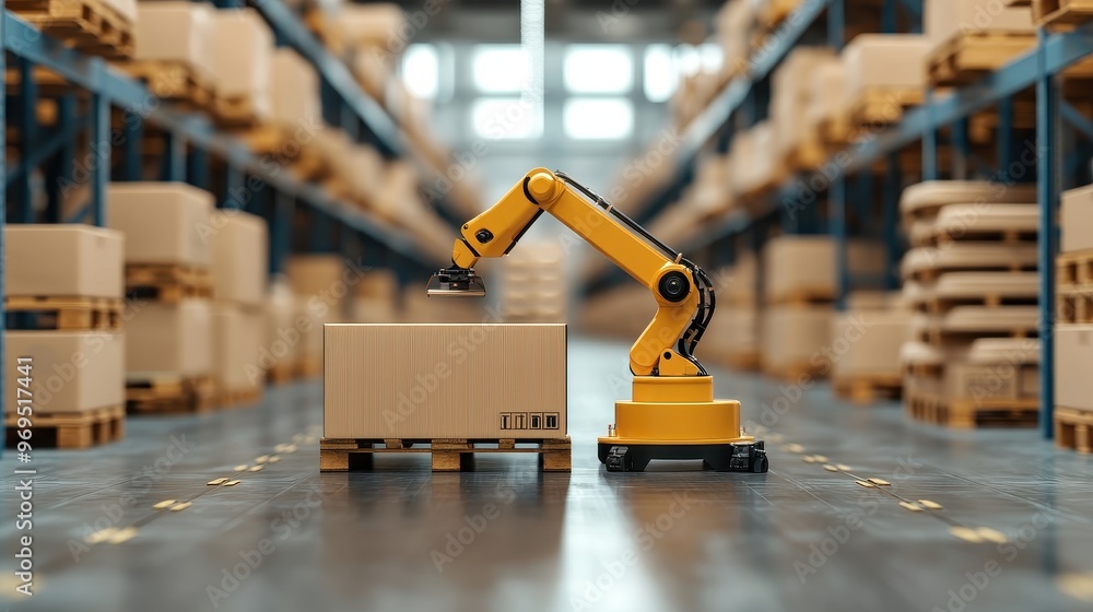 Poster a robotic arm efficiently handling packages in a modern warehouse, showcasing advanced automation te