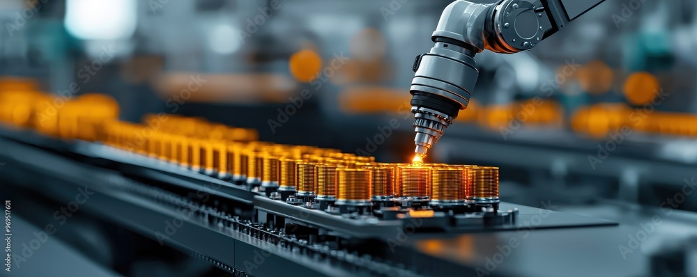 Poster a robotic arm works efficiently on an assembly line, handling vibrant orange containers in a modern 