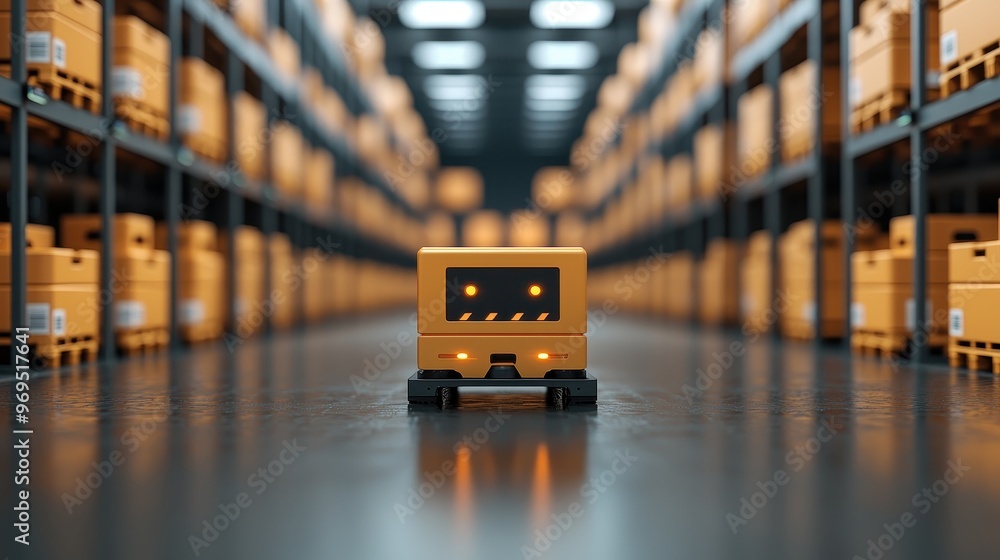 Poster a robotic cart navigating through a spacious warehouse filled with orange storage boxes, showcasing 