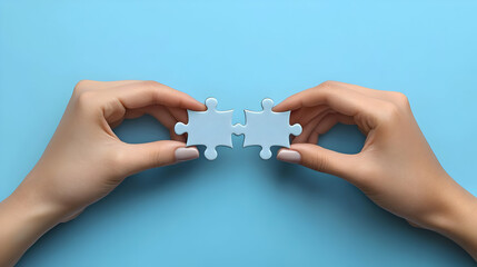 Two puzzle pieces held by hands on a blue background, symbolizing connection and unity.