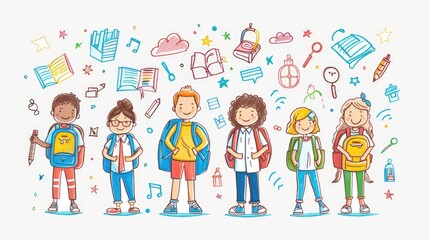 Fototapeta premium group of diverse school children stands together with backpacks, surrounded by colorful educational elements and symbols.