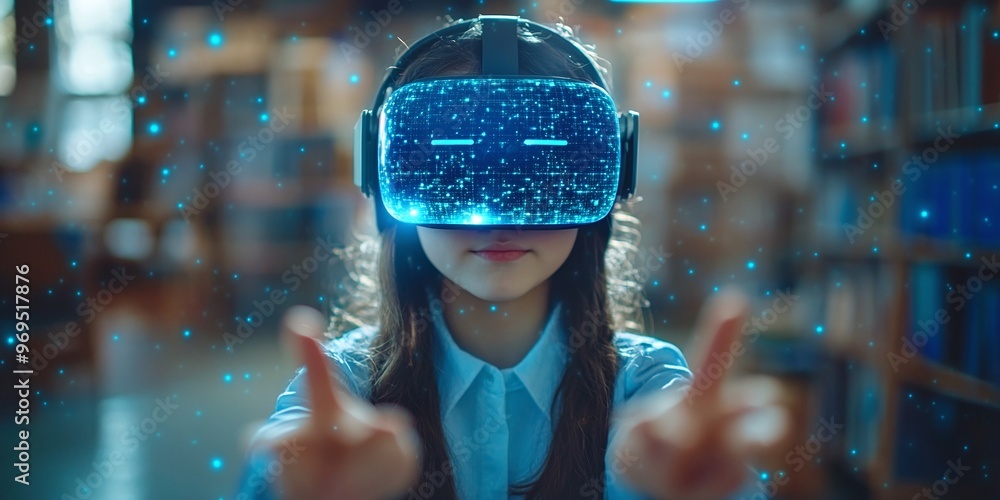 Poster vr headset used by school pupil in library exploring ai artificial intelligence and machine learning