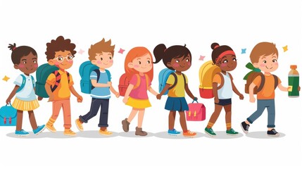 Fototapeta premium joyful group of diverse children walking together, each with unique backpacks, ready for a fun day at school.