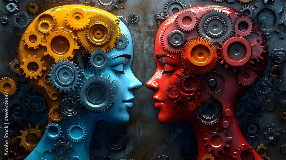 Poster two stylized heads in blue and red with mechanical gears, symbolizing unity and contrast.