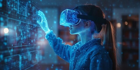 Fototapeta premium student using VR headset in classroom setting with AI technology for innovative digital learning and interactive machine learning experiences
