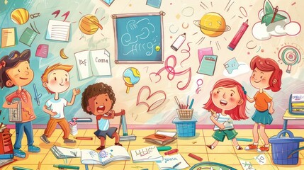 lively classroom scene with children engaging in creative activities, surrounded by colorful school supplies and drawings.