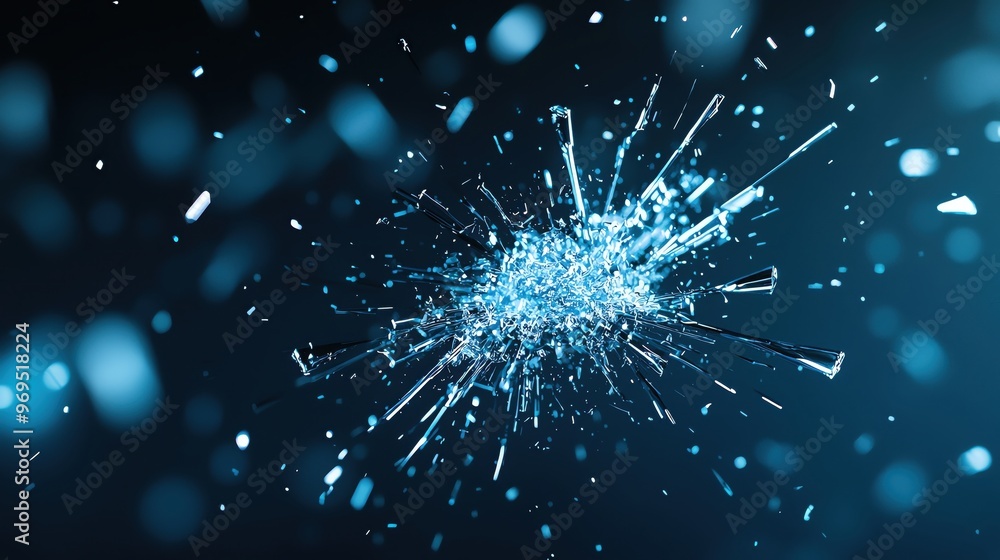 Poster a vibrant explosion of sparkling blue particles against a dark background, creating a dynamic and en