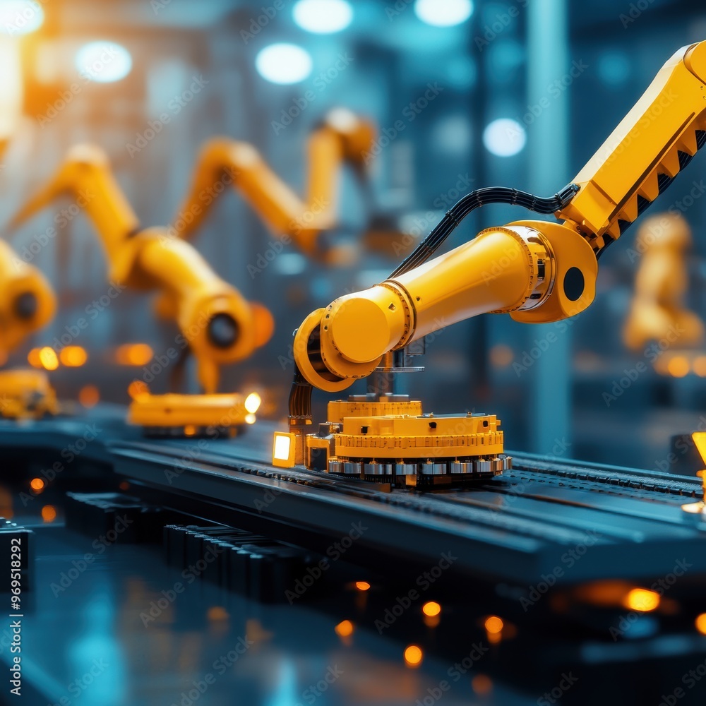 Poster high-tech industrial robots working efficiently on a production line in a modern factory setting.