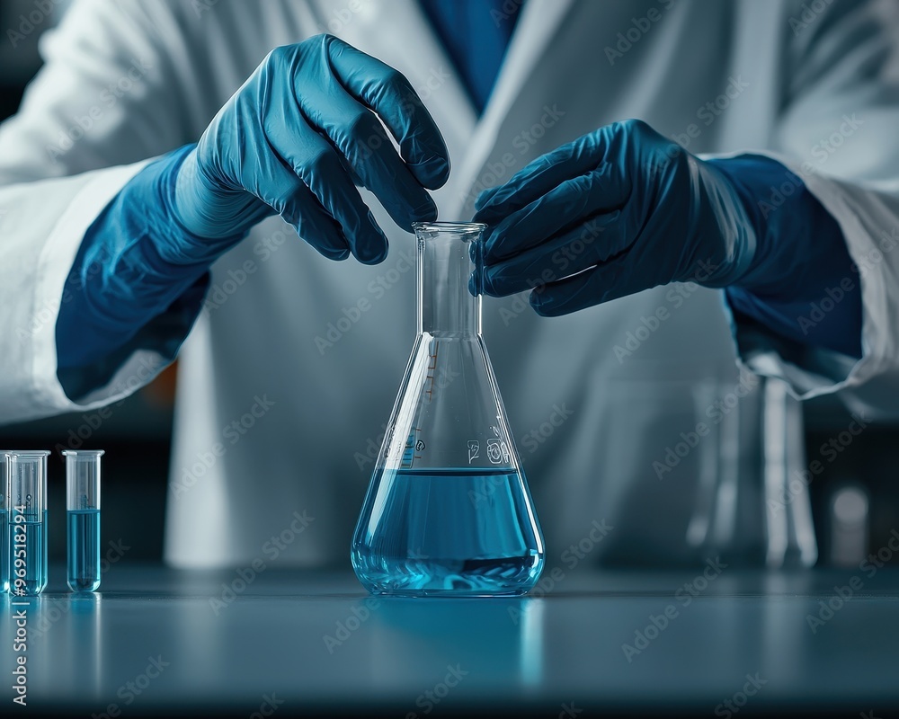 Poster a scientist in a lab coat conducts an experiment, pouring blue liquid from a flask into a beaker. pr