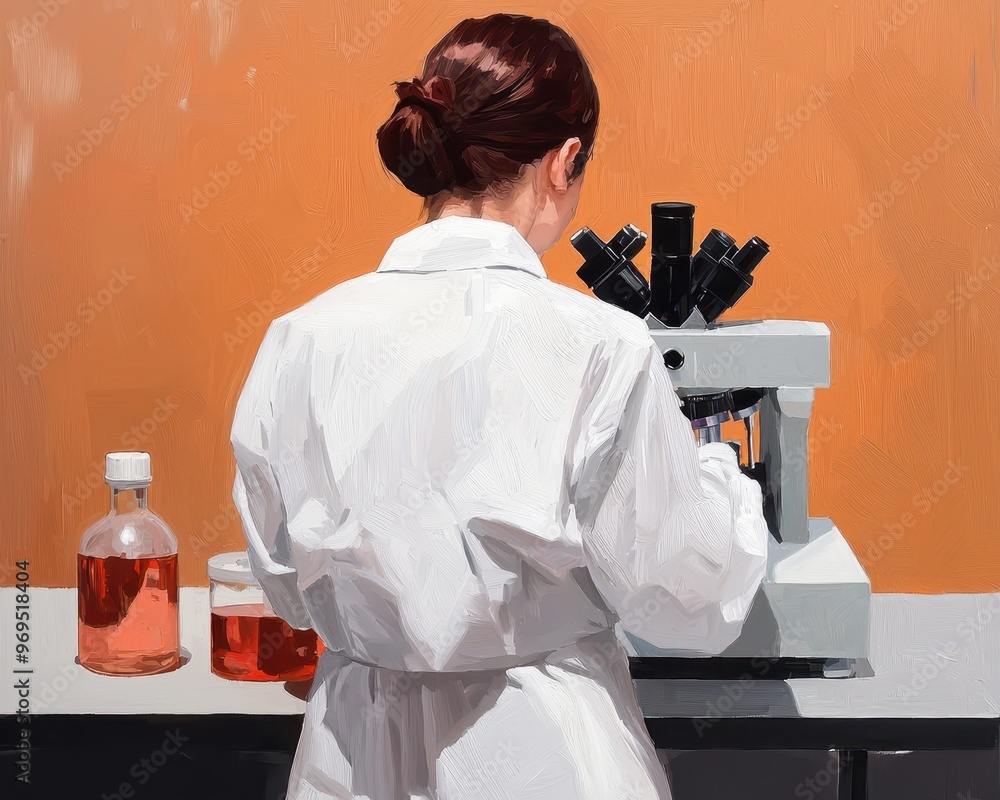 Poster a scientist in a lab coat uses a microscope for research. the setting reflects a modern laboratory e