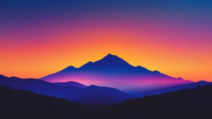 Obraz premium A majestic mountain range silhouetted against a vivid sunset sky, with colors transitioning from orange to purple.