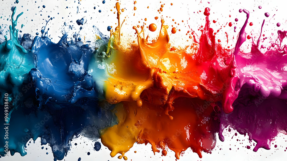 Poster vibrant splashes of paint in various colors create a dynamic and artistic visual effect.