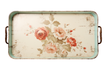 A vintage-style serving tray with a floral pattern and a distressed finish, reminiscent of antique finds from flea markets. ,Isolated on white background